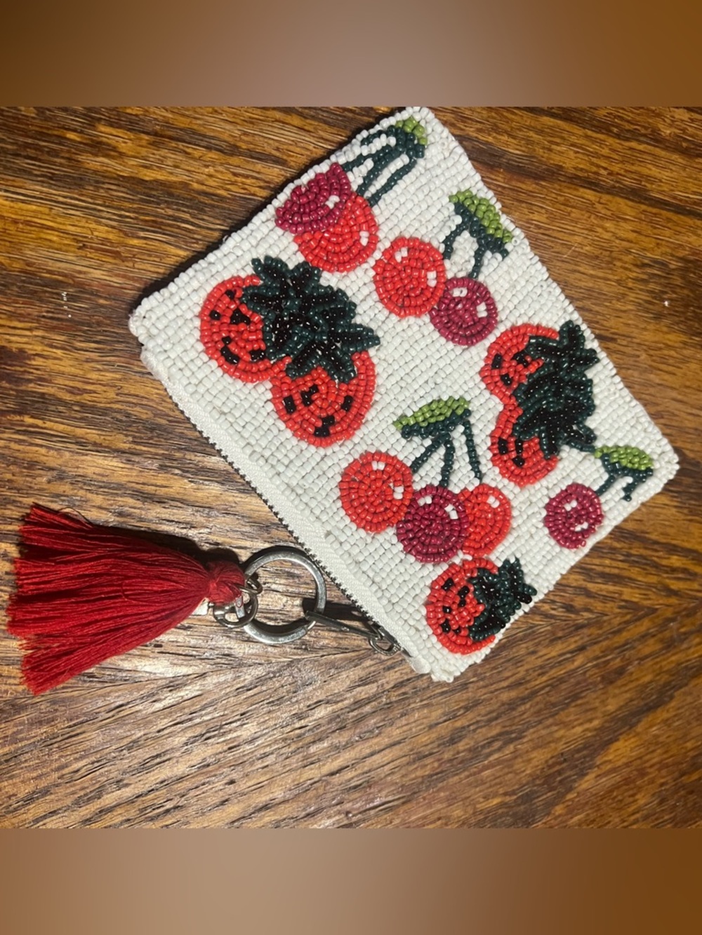 Sol and Mer Beaded Cherry strawberry checkered Coin Purse with Tassel